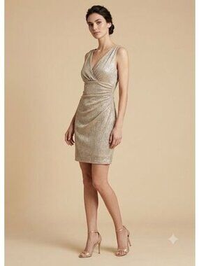 Lauren Ralph Lauren Gold Metallic Sleeveless Draped Sheath Dress Size 10 Fully L